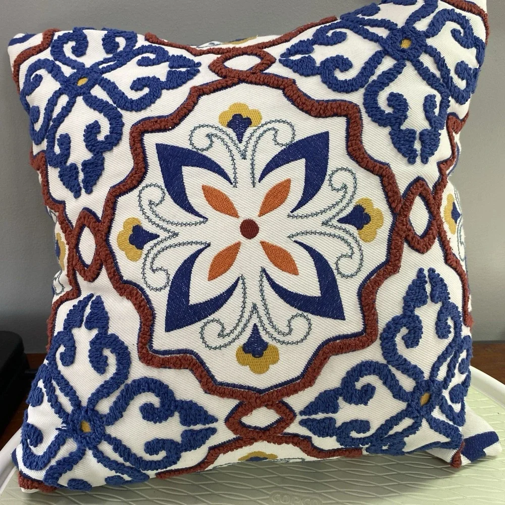 16x16 plump textured geometric pattern‎ throw pillow. blue/white/yellow/rust